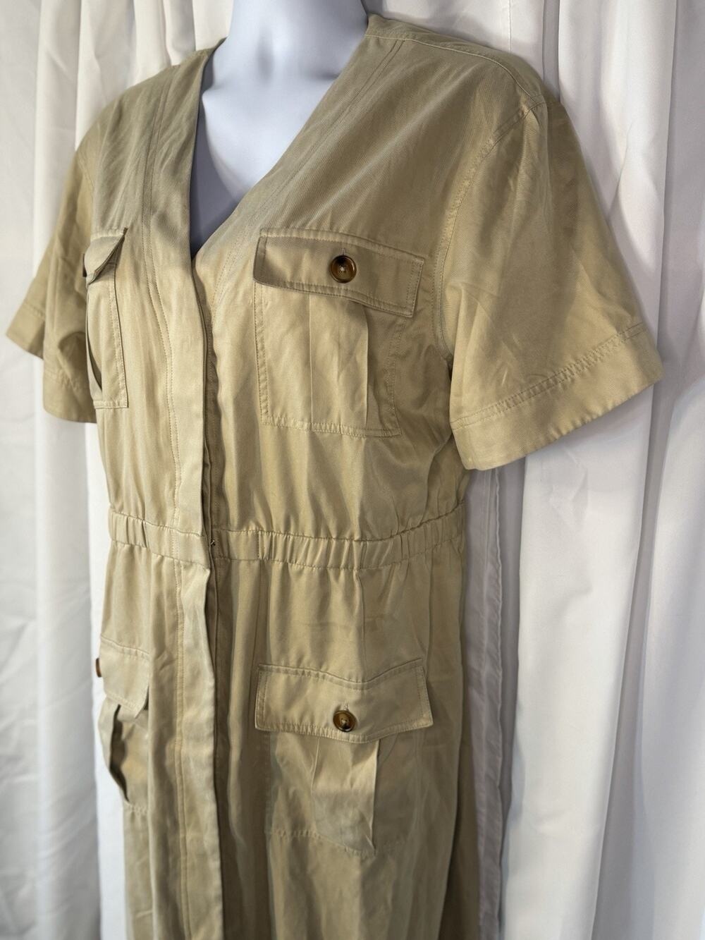 NWOT Tuckernuck XXL Beige Safari Utility Cargo V-Neck Midi Dress Minimalist